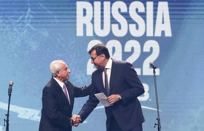 MOSCOW, RUSSIA â€“ SEPTEMBER 30, 2021: President of the International Volleyball Federation (FIVB) Ary Graca (L) and President of the Russian Volleyball Federation Stanislav Shevchenko shake hands at the drawing of lots ceremony for the 2022 FIVB Volleyball Men s World Championship, WM, Weltmeisterschaft at Irina Viner-Usmanova Gymnastics Palace. The 2022 FIVB Volleyball Men s World Championship is scheduled to be held in ten Russian cities from 26 August to 11 September 2022. Valery Sharifulin TASS  TS1128B8