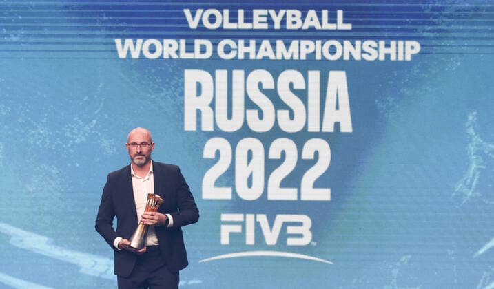 MOSCOW, RUSSIA â€“ SEPTEMBER 30, 2021: Russian volleyball player Sergei Tetyukhin attends the drawing of lots ceremony for the 2022 FIVB Volleyball Men s World Championship, WM, Weltmeisterschaft at Irina Viner-Usmanova Gymnastics Palace. The 2022 FIVB Volleyball Men s World Championship is scheduled to be held in ten Russian cities from 26 August to 11 September 2022. Valery Sharifulin TASS  TS1128CB