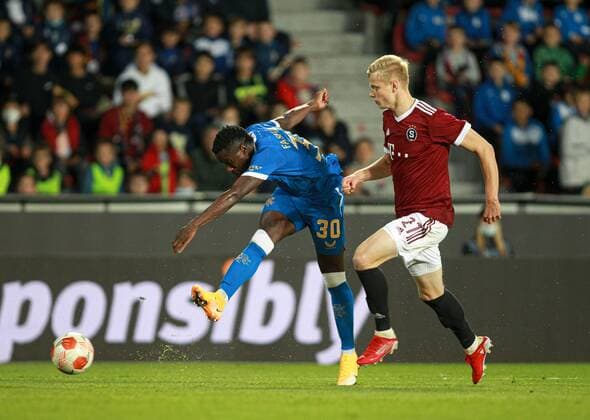 Mandatory Credit: Photo by Milan Kammermayer Shutterstock (12516383ae) Fashion Sakala of Rangers shoots at goal Sparta Prague v Rangers, UEFA Europa League Group A, Football, Generali Arena, Prague, Czech Republic - 30 Sep 2021 Sparta Prague v Rangers, UEFA Europa League Group A, Football, Generali Arena, Prague, Czech Republic - 30 Sep 2021 Copyright: xMilanxKammermayer Shutterstockx 12516383ae