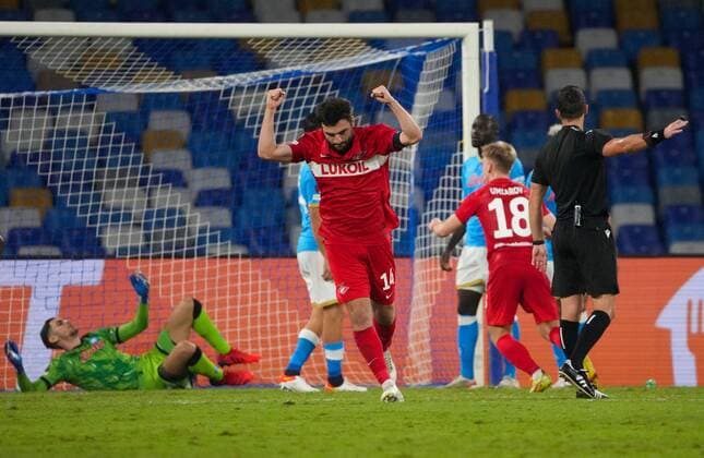 6663071 30.09.2021 Spartak s Georgiy Dzhikiya celebrates a team s goal during the Europa League soccer match between Napoli and Spartak Moscow, at Diego Armando Maradona stadium, in Naples, Italy. Alexander Vilf Sputnik Italy Soccer Europa League Napoli - Spartak  7167f090003c1793