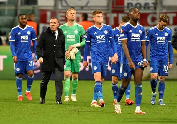 Mandatory Credit: Photo by Maciej Gillert Shutterstock (12516542as) Brendan Rodgers manager of Leicester City looks dejected after the final whistle Legia Warsaw v Leicester City, UEFA Europa League, Group C, Football, Marshall Jozef Pilsudski Municipal Stadium, Warsaw, Poland - 30 Sep 2021 EDITORIAL USE ONLY No use with unauthorised audio, video, data, fixture lists, club league logos or live services. Online in-match use limited to 120 images, no video emulation. No use in betting, games or single club league player publications. Legia Warsaw v Leicester City, UEFA Europa League, Group C, Football, Marshall Jozef Pilsudski Municipal Stadium, Warsaw, Poland - 30 Sep 2021 EDITORIAL USE ONLY No use with unauthorised audio, video, data, fixture lists, club league logos or live services. Online in-match use limited to 120 images, no video emulation. No use in betting, games or single club league player publications. Copyright: xMaciejxGillert Shutterstockx 12516542as