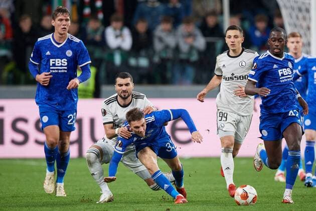 2021.09.30, Warszawa Pilka nozna, UEFA Liga Europy Sezon 2021 2022 Mecz Grupy C Legia Warszawa - Leicester City FC N z Mahir Emreli, Luke Thomas Foto Rafal Oleksiewicz PressFocus 2021.09.30, Football, UEFA Europa League Season 2021 2022 Group C Match Legia Warszawa - Leicester City FC Mahir Emreli, Luke Thomas Credit Rafal Oleksiewicz PressFocus NEWSPIX.PL --- Newspix.pl  20210930PF_RO5473