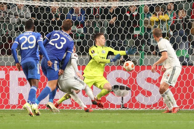 WARSZAWA 30.09.2021 MECZ 2. KOLEJKA GRUPA C LIGA EUROPY SEZON 2021 22 --- UEFA EUROPA LEAGUE GROUP C MATCH IN WARSAW: LEGIA WARSZAWA - LEICESTER CITY FC PATSON DAKA JANNIK VESTERGAARD ARTUR JEDRZEJCZYK CEZARY MISZTA MAIK NAWROCKI FOT. PIOTR KUCZA FOTOPYK NEWSPIX.PL --- Newspix.pl  210930PYK0058