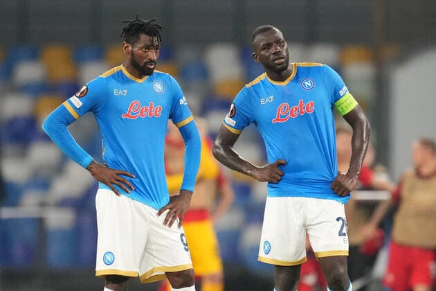 NAPLES, ITALY – SEPTEMBER 30: Frank Anguissa and Kalidou Koulibaly of SSC Napoli show disappointment at the end of the Europa League match between SSC Napoli and FC Spartak Moscow at Stadio Diego Armando Maradona on September 30, 2021 in Naples, Italy Copyright: xFotoagenziax