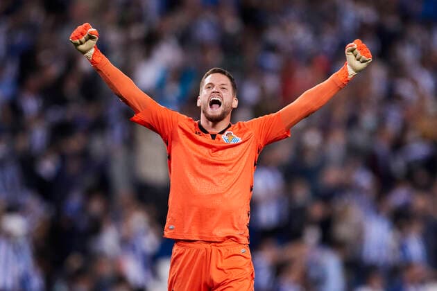 FOOTBALL - EUROPA LEAGUE - Real Sociedad vs AS Monaco Alex Remiro of Real Sociedad reacts after scoring goal during the Europa League football match between Real Sociedad and AS Monaco at Reale Arena on 30 of September, 2021 in San Sebastian, Spain. San Sebastian Reale Arena Basque Country Spain RSOvs MON061 Copyright: xRicardoxLarreinax