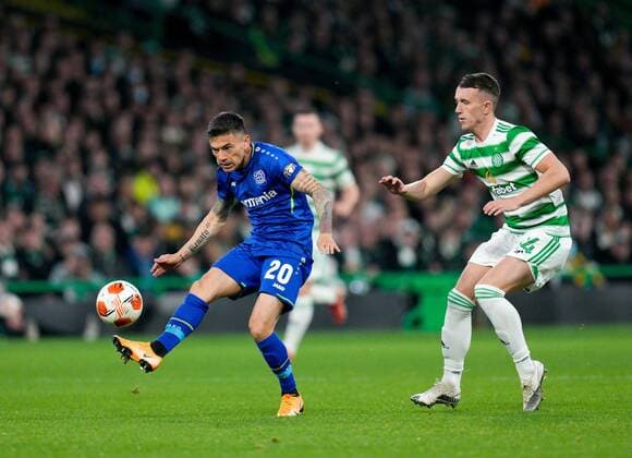 Mandatory Credit: Photo by Stuart Wallace Shutterstock (12516265t) Charles Aranguiz of Bayer 04 Leverkusen & David Turnbull of Celtic Celtic v Bayer Leverkusen, UEFA Europa League, Group G, Football, Celtic Park, Glasgow, UK - 30 Sep 2021 EDITORIAL USE ONLY No use with unauthorised audio, video, data, fixture lists, club league logos or live services. Online in-match use limited to 120 images, no video emulation. No use in betting, games or single club league player publications. Celtic v Bayer Leverkusen, UEFA Europa League, Group G, Football, Celtic Park, Glasgow, UK - 30 Sep 2021 EDITORIAL USE ONLY No use with unauthorised audio, video, data, fixture lists, club league logos or live services. Online in-match use limited to 120 images, no video emulation. No use in betting, games or single club league player publications.  Copyright: xStuartxWallace Shutterstockx 12516265t