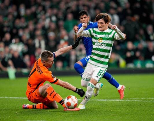 Mandatory Credit: Photo by Stuart Wallace Shutterstock (12516265z) Kyogo Furuhashi of Celtic runs through on goal past Bayer 04 Leverkusen goalkeeper Lukas Hradecky Celtic v Bayer Leverkusen, UEFA Europa League, Group G, Football, Celtic Park, Glasgow, UK - 30 Sep 2021 EDITORIAL USE ONLY No use with unauthorised audio, video, data, fixture lists, club league logos or live services. Online in-match use limited to 120 images, no video emulation. No use in betting, games or single club league player publications. Celtic v Bayer Leverkusen, UEFA Europa League, Group G, Football, Celtic Park, Glasgow, UK - 30 Sep 2021 EDITORIAL USE ONLY No use with unauthorised audio, video, data, fixture lists, club league logos or live services. Online in-match use limited to 120 images, no video emulation. No use in betting, games or single club league player publications.  Copyright: xStuartxWallace Shutterstockx 12516265z