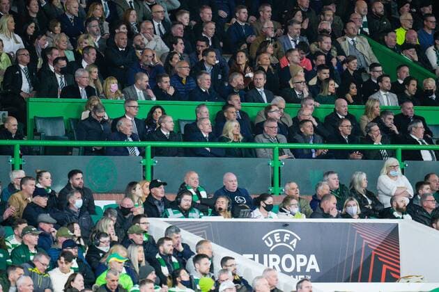 Mandatory Credit: Photo by Stuart Wallace Shutterstock (12516265ag) Celtic major shareholder Dermot Desmond sits in the front row of the directors box, far left. Celtic v Bayer Leverkusen, UEFA Europa League, Group G, Football, Celtic Park, Glasgow, UK - 30 Sep 2021 EDITORIAL USE ONLY No use with unauthorised audio, video, data, fixture lists, club league logos or live services. Online in-match use limited to 120 images, no video emulation. No use in betting, games or single club league player publications. Celtic v Bayer Leverkusen, UEFA Europa League, Group G, Football, Celtic Park, Glasgow, UK - 30 Sep 2021 EDITORIAL USE ONLY No use with unauthorised audio, video, data, fixture lists, club league logos or live services. Online in-match use limited to 120 images, no video emulation. No use in betting, games or single club league player publications.  Copyright: xStuartxWallace Shutterstockx 12516265ag