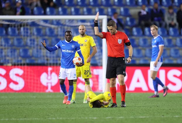 KRC Genk v Dinamo Zagreb: Group H - UEFA Europa League GENK, BELGIUM - SEPTEMBER 30: Luka Ivanusec of Dinamo Zagreb lying injured on a pitch during the UEFA Europa League group H match between KRC Genk and Dinamo Zagreb at Luminus Arena on September 30, 2021 in Genk, Belgium. MarkoxPrpic PIXSELL