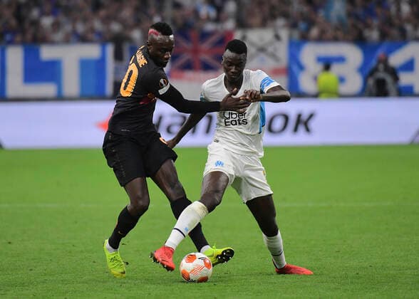 Gueye Pape (OM) vs Mbaye Diagne FOOTBALL : OM vs Galatasaray - 30 09 2021 Mao Panoramic 
