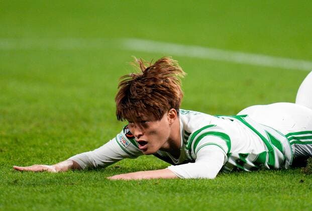 Mandatory Credit: Photo by Stuart Wallace Shutterstock (12516265au) Kyogo Furuhashi of Celtic lays on the pitch after he was dispossessed as he tried to shoot into an empty goal after he beat Bayer 04 Leverkusen goalkeeper Lukas Hradecky Celtic v Bayer Leverkusen, UEFA Europa League, Group G, Football, Celtic Park, Glasgow, UK - 30 Sep 2021 EDITORIAL USE ONLY No use with unauthorised audio, video, data, fixture lists, club league logos or live services. Online in-match use limited to 120 images, no video emulation. No use in betting, games or single club league player publications. Celtic v Bayer Leverkusen, UEFA Europa League, Group G, Football, Celtic Park, Glasgow, UK - 30 Sep 2021 EDITORIAL USE ONLY No use with unauthorised audio, video, data, fixture lists, club league logos or live services. Online in-match use limited to 120 images, no video emulation. No use in betting, games or single club league player publications.  Copyright: xStuartxWallace Shutterstockx 12516265au