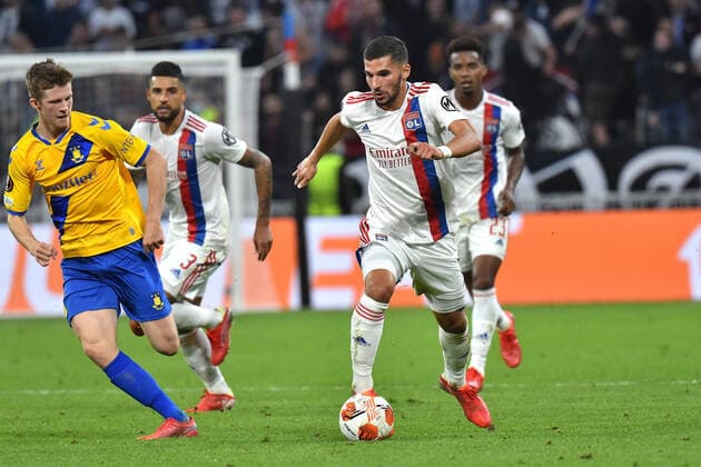 Houssem Aouar (lyon) vs (brondby) FOOTBALL : Olympique Lyonnais vs Brondby IF - Ligue Europa - 30 09 2021 FredericChambert Panoramic 