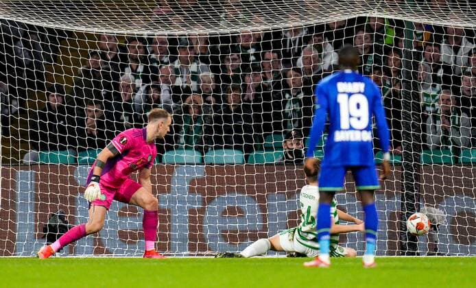 Mandatory Credit: Photo by Stuart Wallace Shutterstock (12516265bd) Bayer Leverkusen score to take a 0-1 lead after the ball appeared to hit off Adam Montgomery of Celtic as he tried to stop it crossing the goal line. Celtic v Bayer Leverkusen, UEFA Europa League, Group G, Football, Celtic Park, Glasgow, UK - 30 Sep 2021 EDITORIAL USE ONLY No use with unauthorised audio, video, data, fixture lists, club league logos or live services. Online in-match use limited to 120 images, no video emulation. No use in betting, games or single club league player publications. Celtic v Bayer Leverkusen, UEFA Europa League, Group G, Football, Celtic Park, Glasgow, UK - 30 Sep 2021 EDITORIAL USE ONLY No use with unauthorised audio, video, data, fixture lists, club league logos or live services. Online in-match use limited to 120 images, no video emulation. No use in betting, games or single club league player publications.  Copyright: xStuartxWallace Shutterstockx 12516265bd