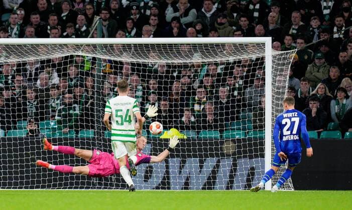 Mandatory Credit: Photo by Stuart Wallace Shutterstock (12516265bh) Florian Wirtz of Bayer 04 Leverkusen scores to give Leverkusen a 0-2 lead. Celtic v Bayer Leverkusen, UEFA Europa League, Group G, Football, Celtic Park, Glasgow, UK - 30 Sep 2021 EDITORIAL USE ONLY No use with unauthorised audio, video, data, fixture lists, club league logos or live services. Online in-match use limited to 120 images, no video emulation. No use in betting, games or single club league player publications. Celtic v Bayer Leverkusen, UEFA Europa League, Group G, Football, Celtic Park, Glasgow, UK - 30 Sep 2021 EDITORIAL USE ONLY No use with unauthorised audio, video, data, fixture lists, club league logos or live services. Online in-match use limited to 120 images, no video emulation. No use in betting, games or single club league player publications.  Copyright: xStuartxWallace Shutterstockx 12516265bh