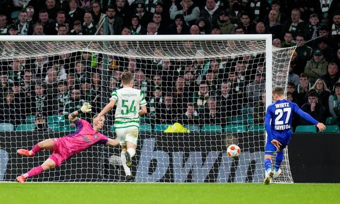 Mandatory Credit: Photo by Stuart Wallace Shutterstock (12516265bf) Florian Wirtz of Bayer 04 Leverkusen scores to give Leverkusen a 0-2 lead. Celtic v Bayer Leverkusen, UEFA Europa League, Group G, Football, Celtic Park, Glasgow, UK - 30 Sep 2021 EDITORIAL USE ONLY No use with unauthorised audio, video, data, fixture lists, club league logos or live services. Online in-match use limited to 120 images, no video emulation. No use in betting, games or single club league player publications. Celtic v Bayer Leverkusen, UEFA Europa League, Group G, Football, Celtic Park, Glasgow, UK - 30 Sep 2021 EDITORIAL USE ONLY No use with unauthorised audio, video, data, fixture lists, club league logos or live services. Online in-match use limited to 120 images, no video emulation. No use in betting, games or single club league player publications.  Copyright: xStuartxWallace Shutterstockx 12516265bf