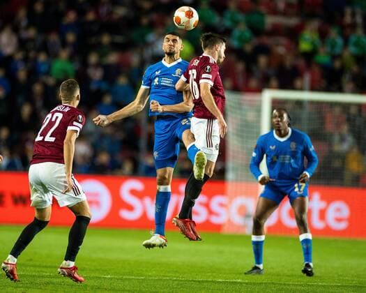 Mandatory Credit: Photo by Kirk O Rourke Rangers FC Shutterstock (12516385ff) Leon Balogun of Rangers heads the ball during the Europa League match at the Generali Ceská Pojistovna Arena, Prague. Sparta Prague v Rangers, UEFA Europa League Group A, Football, Generali Arena, Prague, Czech Republic - 30 Sep 2021 Sparta Prague v Rangers, UEFA Europa League Group A, Football, Generali Arena, Prague, Czech Republic - 30 Sep 2021 Copyright: xKirkxO Rourke RangersxFC Shutterstockx 12516385ff