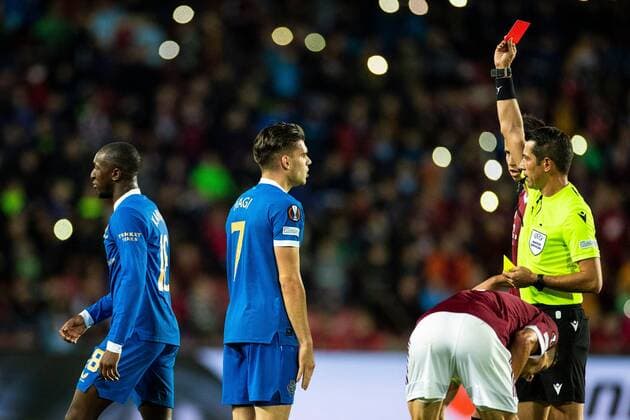 Mandatory Credit: Photo by Kirk O Rourke Rangers FC Shutterstock (12516385gg) Glen Kamara of Rangers is sent off during the Europa League match at the Generali Ceská Pojistovna Arena, Prague. Sparta Prague v Rangers, UEFA Europa League Group A, Football, Generali Arena, Prague, Czech Republic - 30 Sep 2021 Sparta Prague v Rangers, UEFA Europa League Group A, Football, Generali Arena, Prague, Czech Republic - 30 Sep 2021 Copyright: xKirkxO Rourke RangersxFC Shutterstockx 12516385gg