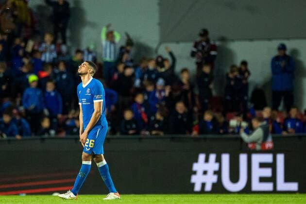 Mandatory Credit: Photo by Kirk O Rourke Rangers FC Shutterstock (12516385gy) Leon Balogun of Rangers dejected at the end of the Europa League match at the Generali Ceská Pojistovna Arena, Prague. Sparta Prague v Rangers, UEFA Europa League Group A, Football, Generali Arena, Prague, Czech Republic - 30 Sep 2021 Sparta Prague v Rangers, UEFA Europa League Group A, Football, Generali Arena, Prague, Czech Republic - 30 Sep 2021 Copyright: xKirkxO Rourke RangersxFC Shutterstockx 12516385gy