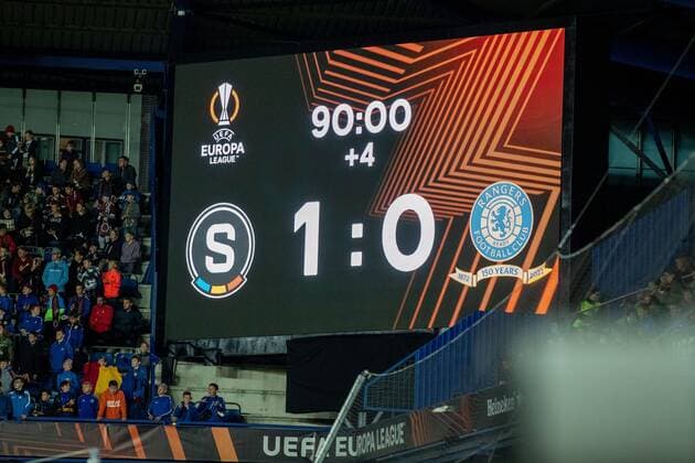 Mandatory Credit: Photo by Kirk O Rourke Rangers FC Shutterstock (12516385is) The full time score during the Europa League match at the Generali Ceská Pojistovna Arena, Prague. Sparta Prague v Rangers, UEFA Europa League Group A, Football, Generali Arena, Prague, Czech Republic - 30 Sep 2021 Sparta Prague v Rangers, UEFA Europa League Group A, Football, Generali Arena, Prague, Czech Republic - 30 Sep 2021 Copyright: xKirkxO Rourke RangersxFC Shutterstockx 12516385is