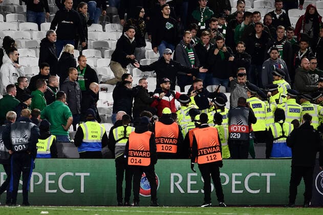 Football - 2021 2022 UEFA Europa League - Group H - Round Two - West Ham United vs Rapid Vienna - London Stadium - Thursday 30th September Police attempt to clear Rapid Vienna fans after the game. COLORSPORT Ashley Western 