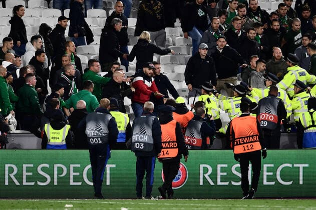 Football - 2021 2022 UEFA Europa League - Group H - Round Two - West Ham United vs Rapid Vienna - London Stadium - Thursday 30th September Police attempt to clear Rapid Vienna fans after the game. COLORSPORT Ashley Western 