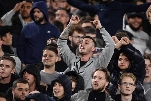 Football - 2021 2022 UEFA Europa League - Group H - Round Two - West Ham United vs Rapid Vienna - London Stadium - Thursday 30th September West Ham United fans taunt Rapid Vienna fans after the opening goal by Declan Rice. COLORSPORT Ashley Western 