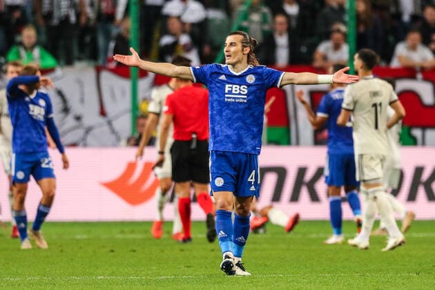 (211001) -- WARSAW, Oct. 1, 2021 -- Caglar Soyuncu of Leicester reacts during the Europa League Group C football match between Legia Warsaw and Leicester City in Warsaw, Poland, Sept. 30, 2021. ) (SP)POLAND-WARSAW-FOOTBALL-EUROPA LEAGUE-LEGIA WARSAW-LEICESTER CITY AdamxStarszynski 