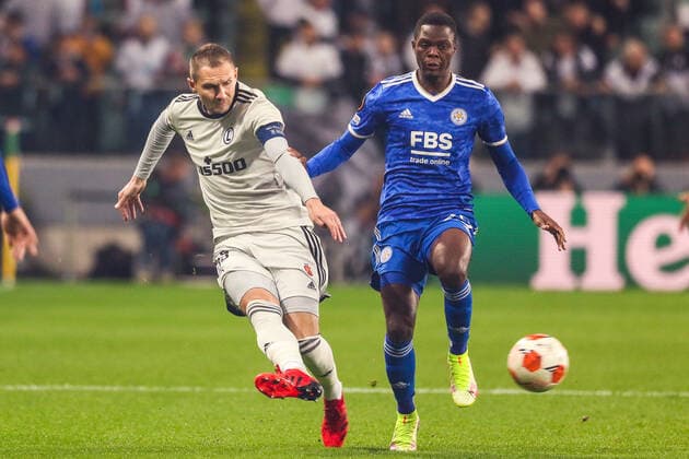 (211001) -- WARSAW, Oct. 1, 2021 -- Artur Jedrzejczyk (L) of Legia vies with Patson Daka of Leicester during the Europa League Group C football match between Legia Warsaw and Leicester City in Warsaw, Poland, Sept. 30, 2021. ) (SP)POLAND-WARSAW-FOOTBALL-EUROPA LEAGUE-LEGIA WARSAW-LEICESTER CITY AdamxStarszynski 
