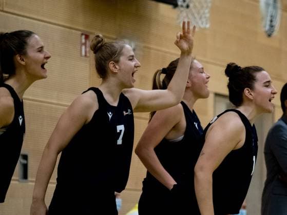 Duesseldorf, Germany, October 1s Capitol Bascat bench celebrating a three point throw during the 1. Toyota Damen Basketball Bundesliga game between the Capitol Bascats Duesseldorf and Herner TC at Wekita Sportarena in Duesseldorf 1. Toyota Damen Basketball Bundesliga - Capitol Bascats Duesseld 