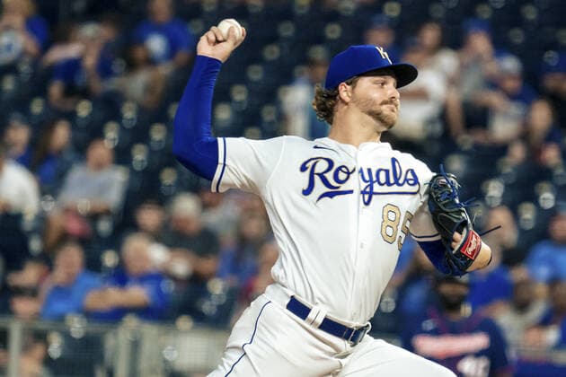 Kansas City Royals starting pitcher Jon Heasley (85) pitches against the Minnesota Twins in the first inning at Kaufman Stadium in Kansas City, Missouri on Friday, October 1, 2021.  KCP20211001106 KYLExRIVAS