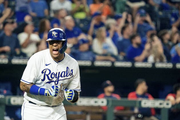 Kansas City Royals catcher Salvador Perez (13) reacts to almost hitting a home run against the Minnesota Twins in the fourth inning at Kaufman Stadium in Kansas City, Missouri on Friday, October 1, 2021.  KCP20211001114 KYLExRIVAS