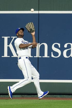 Kansas City Royals center fielder Michael A. Taylor (2) catches a Minnesota Twins outfield fly ball in the fifth inning at Kaufman Stadium in Kansas City, Missouri on Friday, October 1, 2021.  KCP20211001115 KYLExRIVAS