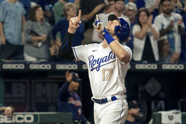 Kansas City Royals third baseman Hunter Dozier (17) reacts to hitting a home run against the Minnesota Twins in the fifth inning at Kaufman Stadium in Kansas City, Missouri on Friday, October 1, 2021.  KCP20211001116 KYLExRIVAS