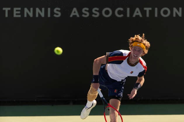 October 1, 2021, San Diego, California, USA: ANDREY RUBLEV of Russia sends the ball back to opponent Diego Schwartzman of Argentina at the San Diego Open tennis tournament. San Diego USA - ZUMAb202 20211001_znp_b202_007 Copyright: xDavidxBarakx