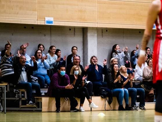Duesseldorf, Germany, October 1s Capitol Bascats fans celebrate during the 1. Toyota Damen Basketball Bundesliga game between the Capitol Bascats Duesseldorf and Herner TC at Wekita Sportarena in Duesseldorf 1. Toyota Damen Basketball Bundesliga - Capitol Bascats Duesseld 