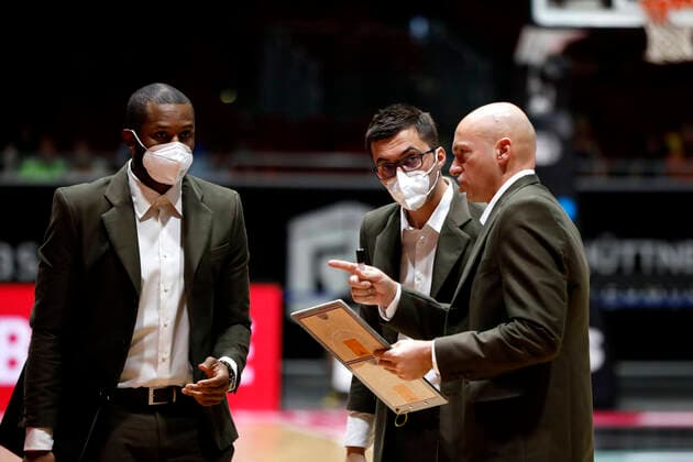 02 10 2021, easyCredit Basketball Bundesliga, Magentasport BBL Cup, 2020 2021 season, Men, Chemnitz Niners Ratiopharm Ulm Virgil Matthews Assistant Coach , Niners Chemnitz, Gjorgji Kochov Assistant Coach , Niners Chemnitz, Rodrigo Pastore Headcoach , Niners Chemnitz Chemnitz Fair Chemnitz Saxony Germany