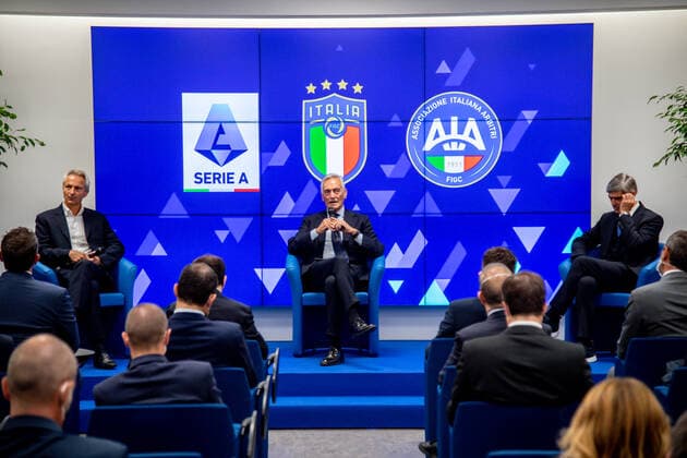 Photo Claudio Furlan LaPresse 04-10-2021 LIssone - Italy News Presentation of the Var IBC Center of the Serie A League In the photo: Gabriele Gravina  Copyright: xClaudioxFurlan LaPressex