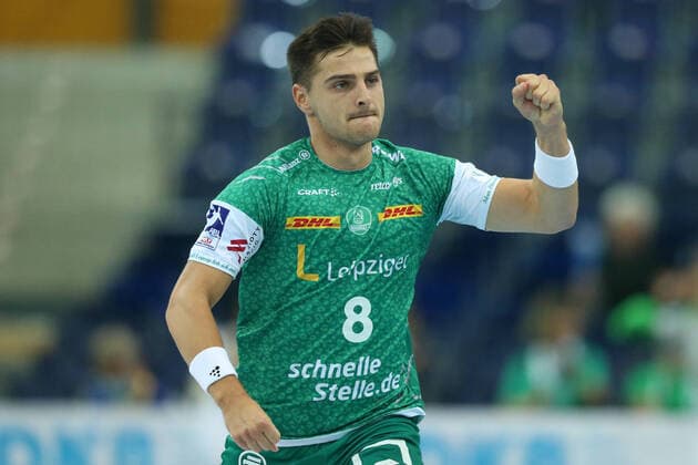 23 09 2021, xtgx, Handball Liqui Moly HBL, SC DHfK Leipzig HSV Hamburg emspor, v l Lucas Krzikalla Leipzig, 8 cheers, goal cheers, celebrates the goal, celebration Leipzig