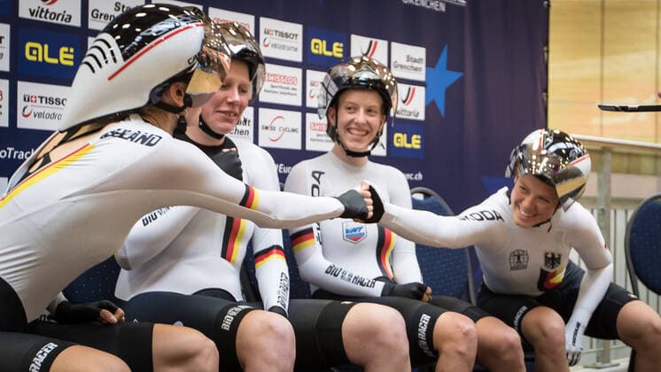 2021 UEC TRACK ELITE EUROPEAN CHAMPIONSHIPS, 05 10 2021 Womens team pursuit, Laura SUESSEMILCH GERMANY Mieke KROEGER GERMANY Lena Charlotte REISSNER GERMANY Franziska BRAUSSE GERMANY at the 2021 UEC Track Elite European Championships on Tuesday, October 5, 2021 in Grenchen, Switzerland Copyright: xBEAUTIFULxSPORTS OlafxRellischx