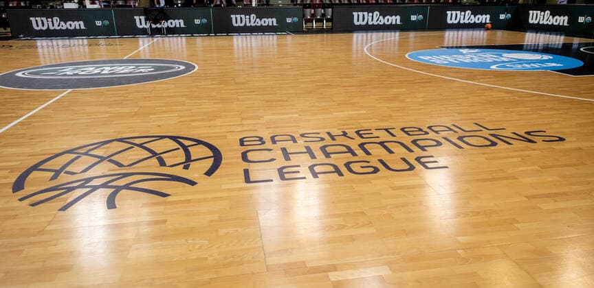 Court with Basketball Champions League logo at the BCL game MHP RIESEN Ludwigsburg Dinamo Sassari on 05 10 2021 in Ludwigsburg MHPArena Germany Ludwigsburg 05 10 21 Basketball , 05 10 2021, Ludwigsburg Germany xpxsdx