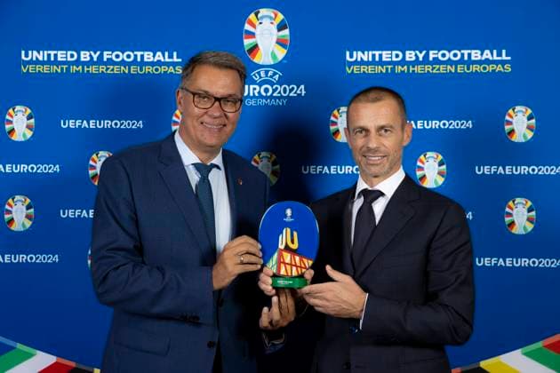 Official UEFA EURO 2024 logo and brand launch Official UEFA EURO 2024 logo and brand launch, UEFA EURO 2024 kicks off in Berlin Germany, the official brand and logo launch in the Olympic Stadium, Thomas Westphal Mayor of Dortmund , Aleksander Ceferin UEFA President , Berlin, 05 10 2021, Photo Thomas Boecker DFB Berlin Berlin Germany Poolfoto Thomas Boecker DFB ,EDITORIAL USE ONLY