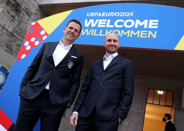 UEFA EURO 2024 Brand Launch BERLIN, GERMANY OCTOBER 05 Oliver Bierhoff L , Director National Team and Academy and Benedikt Höwedes, Team Managment of Die Mannschaft attend the UEFA EURO 2024 Logo and Brand Launch at Olympiastadion on October 05, 2021 in Berlin, Germany Photo by Alexander Hassenstein Getty Images for DFB Berlin Olympiastadion Berlin Germany Poolfoto Getty Images for DFB ,EDITORIAL USE ONLY