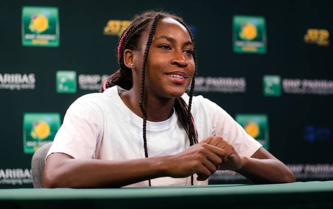Mandatory Credit: Photo by Rob Prange Shutterstock (12525398w) Cori Gauff of the United States talks to the media ahead of the 2021 BNP Paribas Open WTA, Tennis Damen 1000 tennis tournament 2021 BNP Paribas Open Day 2 - 05 Oct 2021 2021 BNP Paribas Open Day 2 - 05 Oct 2021  Copyright: xRobxPrange Shutterstockx 12525398w