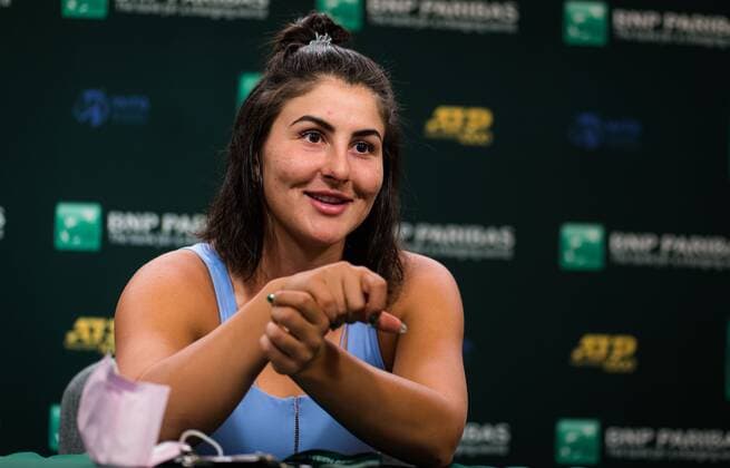 Mandatory Credit: Photo by Rob Prange Shutterstock (12525398aw) Bianca Andreescu of Canada talks to the media ahead of the 2021 BNP Paribas Open WTA, Tennis Damen 1000 tennis tournament 2021 BNP Paribas Open Day 2 - 05 Oct 2021 2021 BNP Paribas Open Day 2 - 05 Oct 2021  Copyright: xRobxPrange Shutterstockx 12525398aw