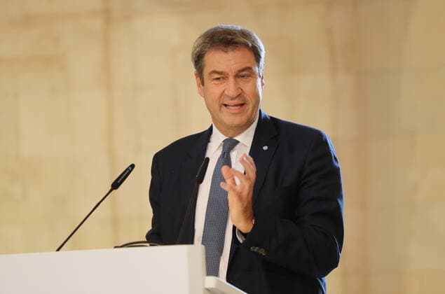 The Bavarian Prime Minister Dr Markus Söder awards the Bavarian Medalists of Tokyo the Bavarian Sports Award Dr Markus Söder Munich Bavaria Germany State Chancellery Kuppelsaal