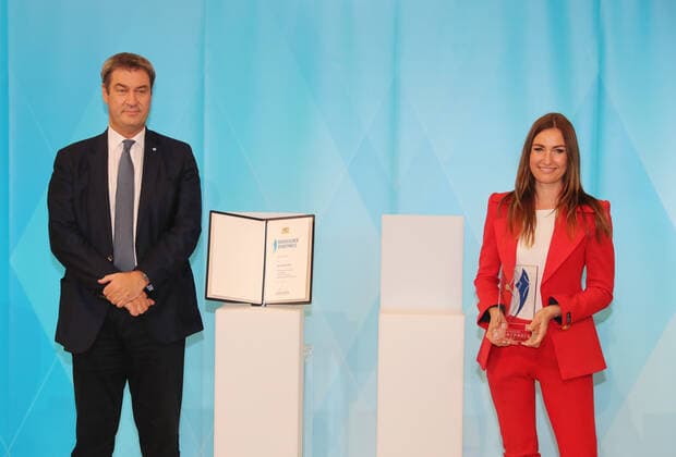 The Bavarian Prime Minister Dr Markus Söder awards the Bavarian Sports Award to the Bavarian medal winners from Tokyo Markus Söder and Denise Schindler Munich Bavaria Germany State Chancellery Kuppelsaal
