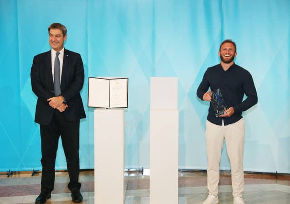 The Bavarian Prime Minister Dr Markus Söder awards the Bavarian Medalists of Tokyo the Bavarian Sports Award Markus Söder and Sebastian Seidl Munich Bavaria Germany State Chancellery Kuppelsaal