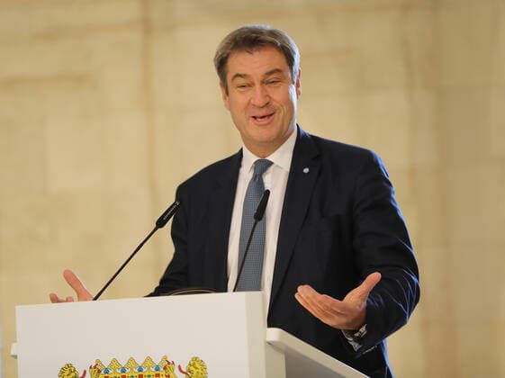 The Bavarian Prime Minister Dr Markus Söder awards the Bavarian Medalists of Tokyo the Bavarian Sports Award Dr Markus Söder Munich Bavaria Germany State Chancellery Kuppelsaal