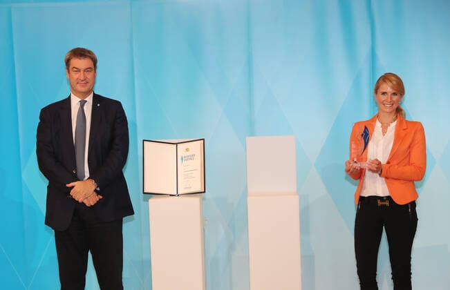 The Bavarian Prime Minister Dr Markus Söder awards the Bavarian Medalists of Tokyo the Bavarian Sports Award Markus Söder and Jessica von Bredow Werndl Munich Bavaria Germany State Chancellery Kuppelsaal