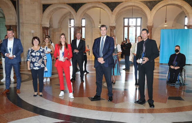 The Bavarian Prime Minister Dr Markus Söder awards the Bavarian medal winners of Tokyo with the Bavarian Sports Award The Bavarian Prime Minister Dr Markus Söder awards the Bavarian medal winners of Tokyo with the Bavarian Sports Award Munich Bavaria Germany State Chancellery Kuppelsaal